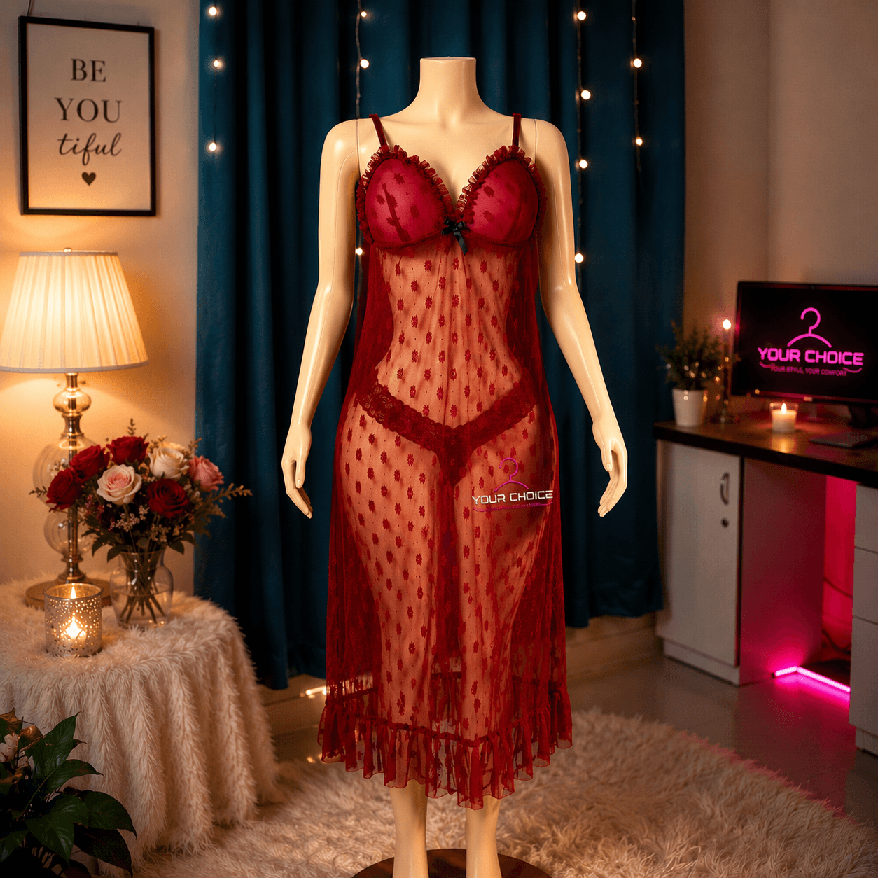 Net Self Design Ladies Magenta Color Night Dress