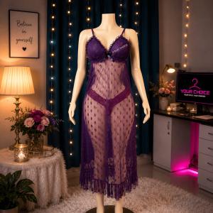 Net Self Design Ladies Brown Color Night Dress
