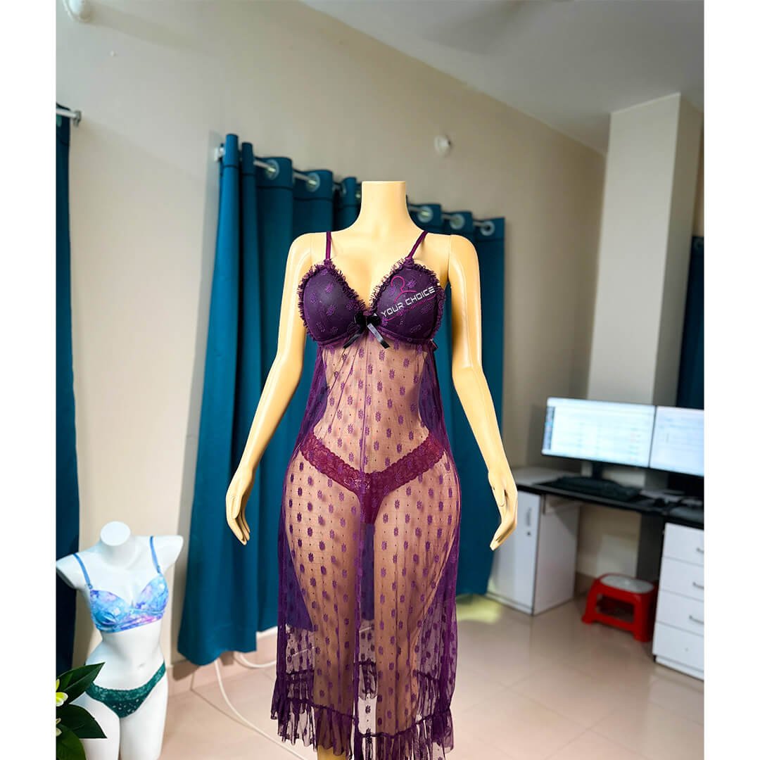 Net Self Design Ladies Brown Color Night Dress - Image 2