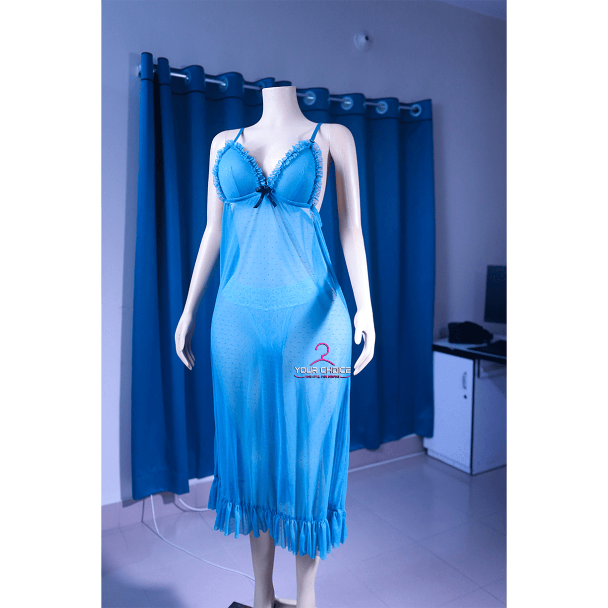 Net Self Design Ladies Blue Color Night Dress - Image 2